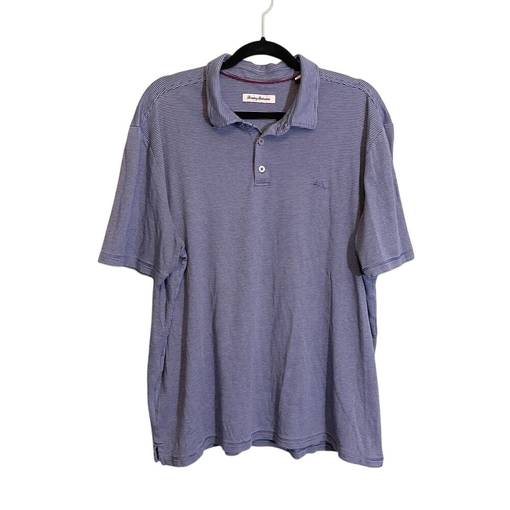 Tommy‎ Bahama Mens Cotton Striped Collared Short Sleeve Polo Shirt Blue Size XL